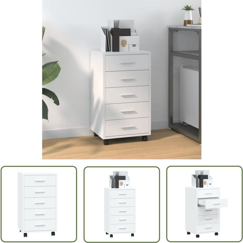 The Living Store - Armoire à tiroirs avec roulettes Blanc brillant Bois ingénierie - Meuble à Tiroir - Commode - Armoire De Rangement - Rangement