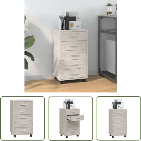 The Living Store Armoire à tiroirs avec roulettes Gris béton Bois d'ingénierie - Meuble À Tiroir - Commode - Armoire De Rangement - Rangement Bureau - Bureau Enfant