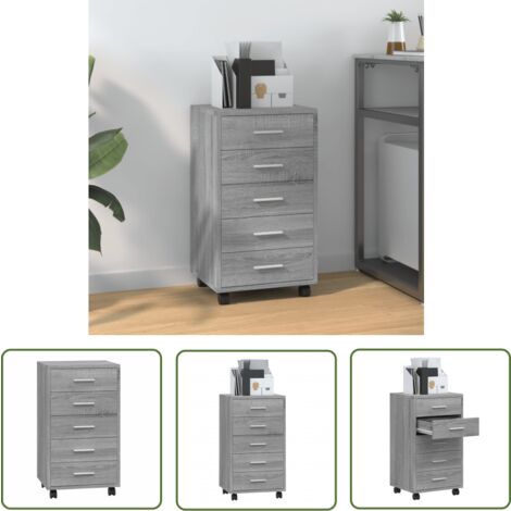 The Living Store Armoire à tiroirs avec roulettes Sonoma gris Bois d'ingénierie - Meuble À Tiroir - Commode - Rangement Bureau - Armoire Rangement - Bureau Enfant