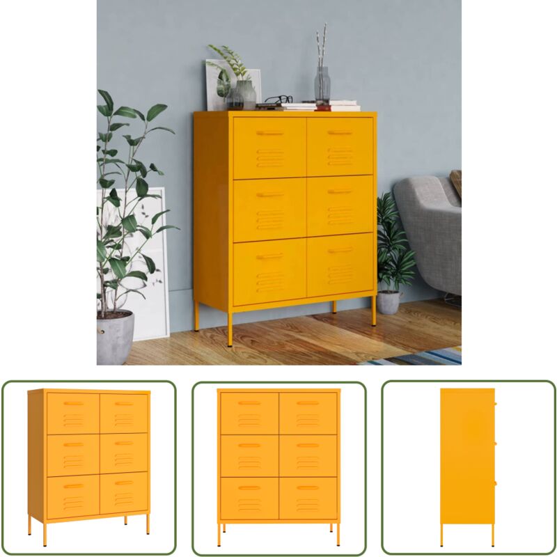 The Living Store - Armoire à tiroirs Jaune moutarde 80x35x101,5 cm Acier - Meuble De Rangement - Armoire à Tiroir - Armoire Métallique - Meuble Jaune