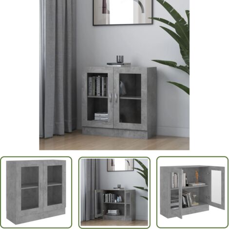 The Living Store Armoire à vitrine Gris béton 82,5x30,5x80 cm Bois d'ingénierie - Bibliothèque - Meuble De Rangement - Armoire Vitrée - Mobilier Intérieur - Meubles Gris