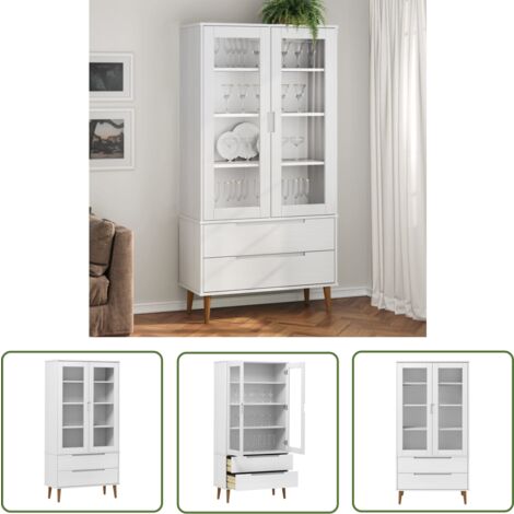 The Living Store Armoire à vitrine MOLDE Blanc 90x35x175 cm Bois de pin massif - Bibliothèque - Meuble Tv - Armoire Ouverte - Rangement Intérieur - Mobilier Scandinave