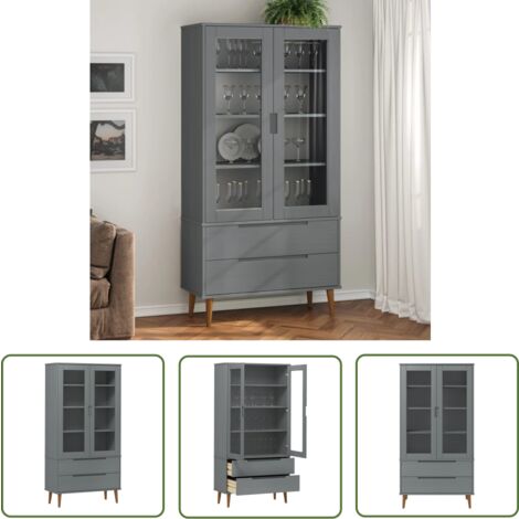 The Living Store Armoire à vitrine MOLDE Gris 90x35x175 cm Bois de pin massif - Bibliothèque - Meuble Tv - Armoire Ouverte - Rangement Intérieur - Mobilier Scandinave