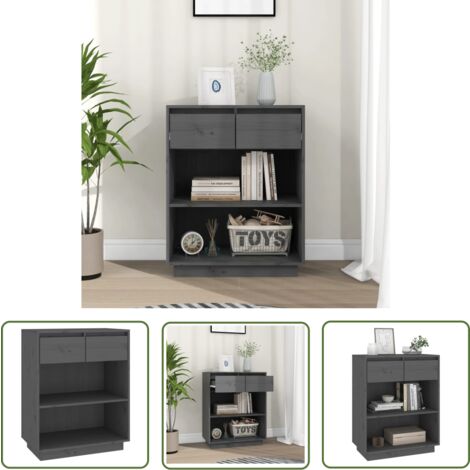 The Living Store Armoire console Gris 60x34x75 cm Bois de pin solide - Buffet - Meuble TV - Commode - Armoire Basse - Rangement Intérieur