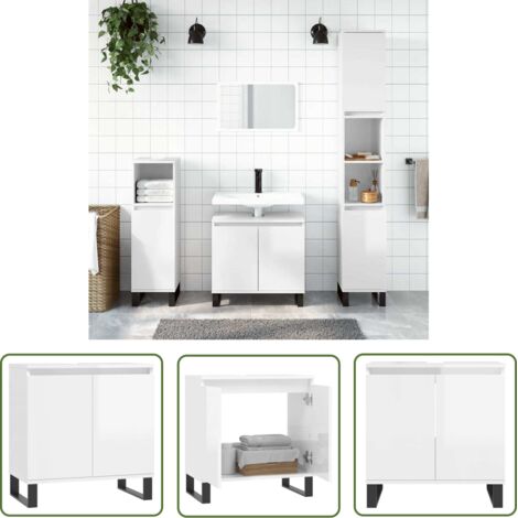 The Living Store Armoire de bain blanc brillant 58x33x60 cm bois d'ingénierie - Meuble De Salle De Bain - Armoire De Salle De Bain - Rangement Salle De Bain - Commode Salle De Bain - Design Industriel