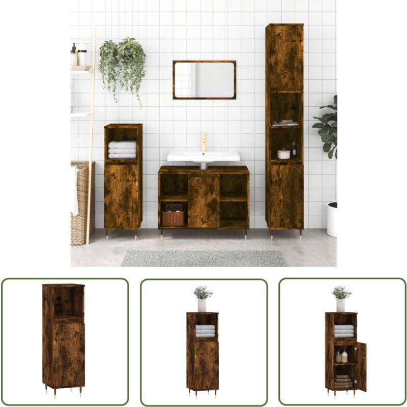 The Living Store - Armoire de bain chêne fumé 30x30x100 cm bois d'ingénierie - Meuble De Salle De Bain - Armoire De Salle De Bain - Rangement Salle