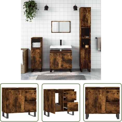The Living Store Armoire de bain chêne fumé 65x33x60 cm bois d'ingénierie - Meuble De Salle De Bain - Armoire De Salle De Bain - Rangement Salle De Bain - Commode Salle De Bain - Design Industriel