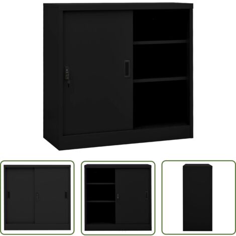 The Living Store Armoire de bureau avec porte coulissante Noir 90x40x90 cm Acier - Armoire De Bureau - Meuble De Rangement - Classeur - Armoire Métallique - Armoire Noir