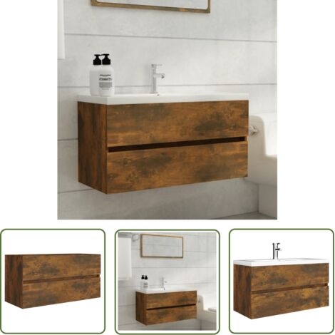 The Living Store Armoire de lavabo Chêne fumé 90x38,5x45 cm Bois d'ingénierie - Meuble De Salle De Bain - Armoire De Lavabo - Meuble Sous Lavabo - Rangement Salle De Bain - Commode Salle De Bain