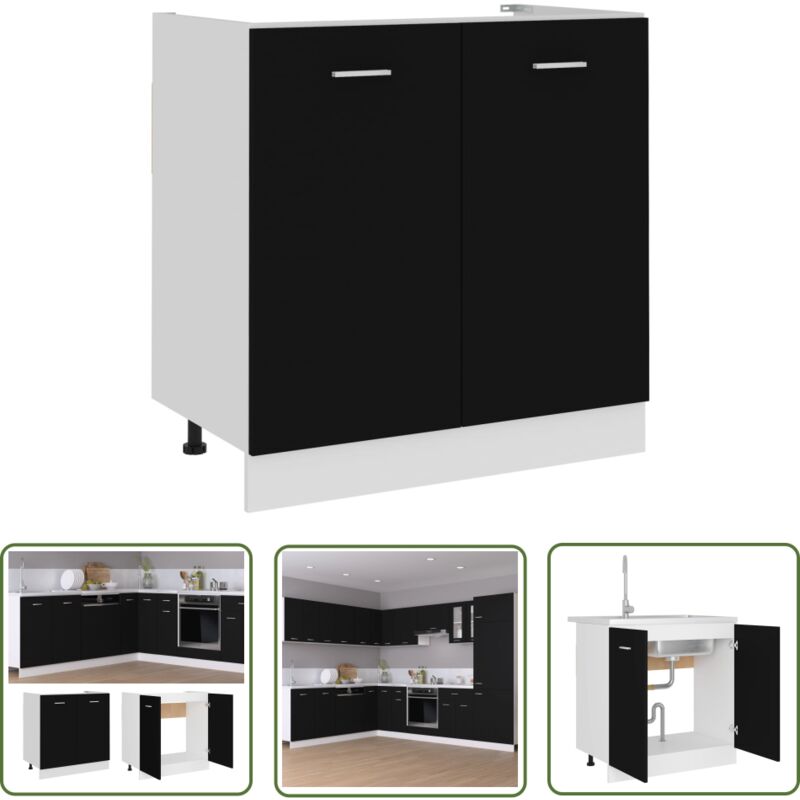 The Living Store - Armoire de plancher d'évier Noir 80x46x81,5cm Bois d'ingénierie - Meuble De Cuisine - Armoire De Cuisine - Rangements Cuisine