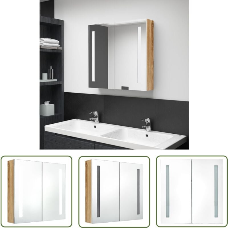 Armoire de salle de bain à miroir led blanc et chêne 62x14x60cm - Meuble De Salle De Bain - Armoire De Salle De Bain - Miroir led - Éclairage De