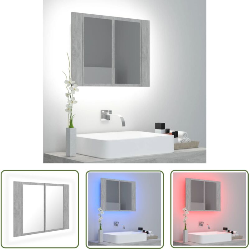 Armoire de salle de bain à miroir led Gris béton Acrylique - Armoire Salle De Bain - Meuble Salle De Bain - Miroir Led - Éclairage Rgb - Rangement