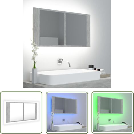 The Living Store Armoire de salle de bain à miroir LED Gris béton Acrylique - Armoire Salle De Bain - Meuble Salle De Bain - Miroir Led - Éclairage Rvb - Rangement Salle De Bain