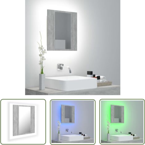 The Living Store Armoire de salle de bain à miroir LED Gris béton Acrylique - Armoire Salle De Bain - Meuble Salle De Bain - Miroir Led - Éclairage Rvb - Rangement Salle De Bain