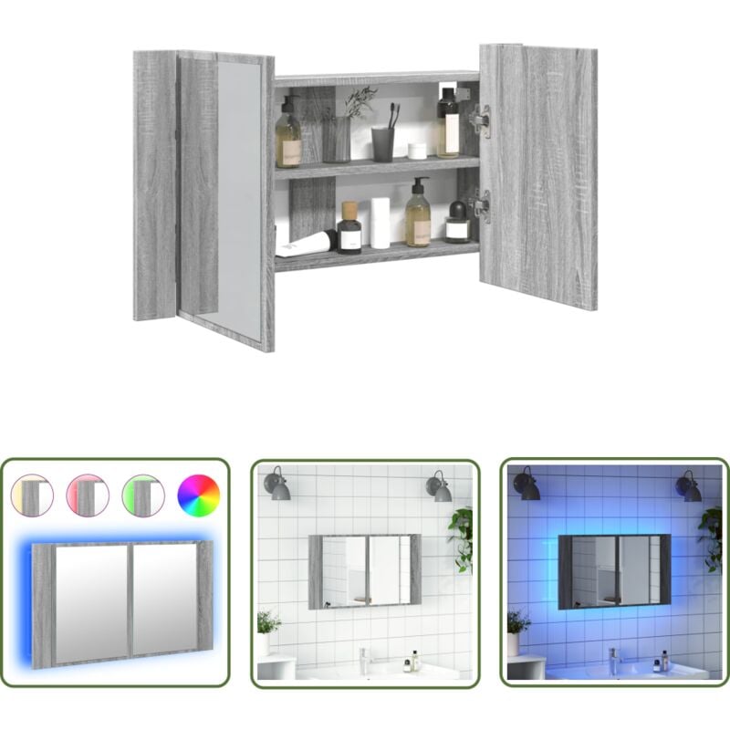 Armoire de salle de bain à miroir led sonoma gris 80x12x45 cm - Armoire Salle De Bain - Miroir Led - Meuble Salle De Bain - Éclairage Rvb - Rangement
