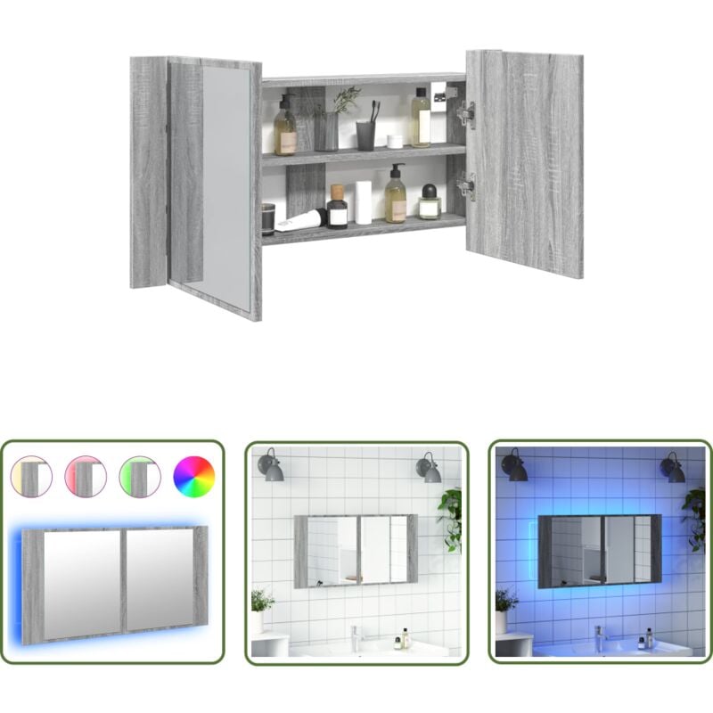Armoire de salle de bain à miroir led sonoma gris 90x12x45 cm - Armoire à Miroir - Meuble Salle De Bain - Éclairage Led - Miroir Lumineux - Rangement