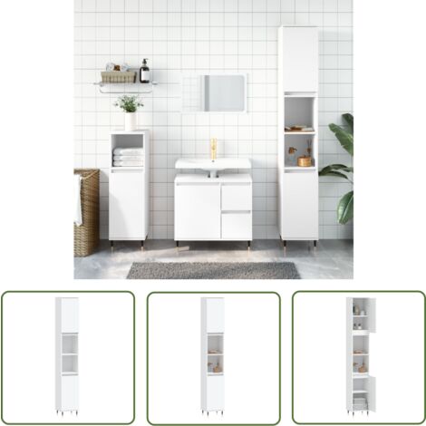 The Living Store Armoire de salle de bain blanc 30x30x190 cm bois d'ingénierie - Armoire De Salle De Bain - Meuble De Salle De Bain - Rangement Salle De Bain - Stockage Salle De Bain - Design Industri