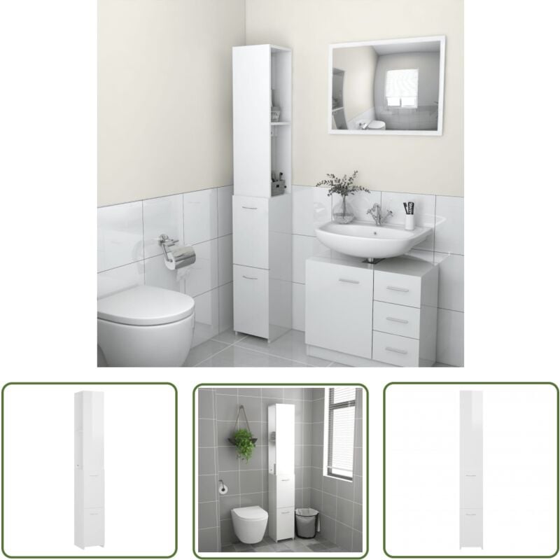 Armoire de bain blanc brillant 25x26,5x170 cm bois d'ingénierie - Armoire De Salle De Bain - Meuble Salle De Bain - Rangement Salle De Bain - Armoire