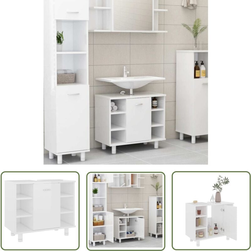 The Living Store Armoire de salle de bain Blanc brillant Bois d’ingénierie - Meuble De Salle De Bain - Armoire De Salle De Bain - Rangement Salle De