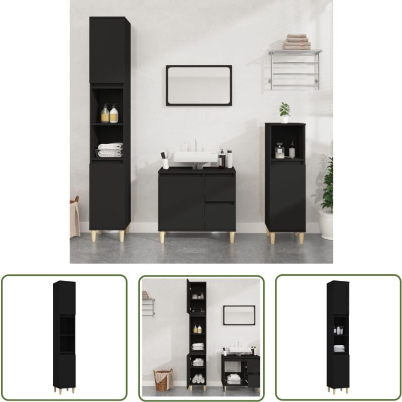 The Living Store Armoire de salle de bain noir 30x30x190 cm bois d'ingénierie - Meuble De Salle De Bain - Armoire De Salle De Bain - Rangement Salle