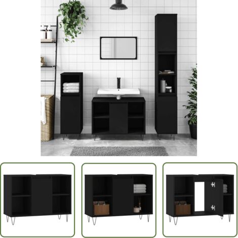 The Living Store Armoire de salle de bain noir 80x33x60 cm bois d'ingénierie - Meuble De Salle De Bain - Armoire De Salle De Bain - Rangement Salle De Bain - Commode Salle De Bain - Design Industriel