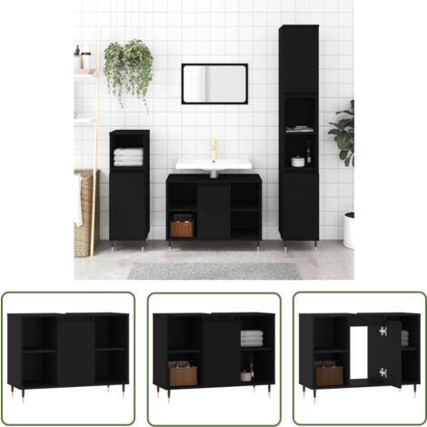 The Living Store Armoire de salle de bain noir 80x33x60 cm bois d'ingénierie - Meuble De Salle De Bain - Armoire De Salle De Bain - Rangement Salle De Bain - Meuble Lavabo - Design Industriel
