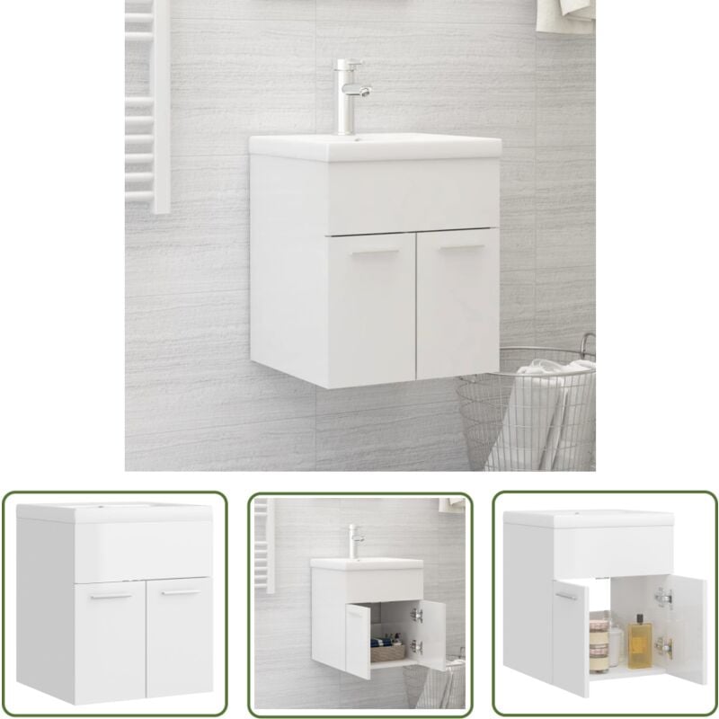 Armoire d'évier avec lavabo intégré Blanc brillant Aggloméré - Meuble De Salle De Bain - Meuble Vasque - Armoire D'évier - Lavabo Intégré - Salle De