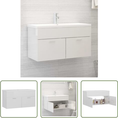 The Living Store Armoire d'évier avec lavabo intégré Blanc brillant - Meuble De Salle De Bain - Vasque Intégrée - Armoire D'évier - Lavabo Blanc - Rangement Salle De Bain