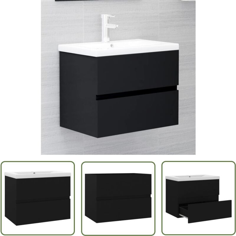 The Living Store - Armoire d'évier avec lavabo intégré Noir Aggloméré - Meuble De Salle De Bain - Meuble Vasque - Ensemble Meuble Lavabo - Lavabo