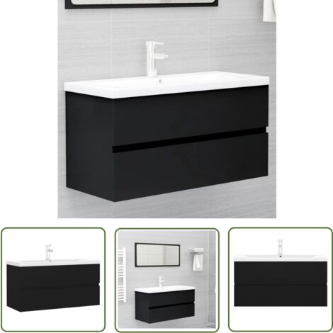 The Living Store Armoire d'évier avec lavabo intégré noir bois d'ingénierie - Meuble De Salle De Bain - Armoire De Salle De Bain - Lavabo Intégré - Robinet Inclus - Évier