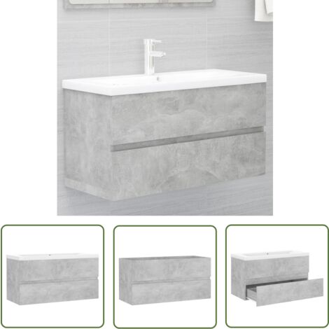 The Living Store Armoire d'évier et lavabo intégré Gris béton Bois d'ingénierie - Meuble De Salle De Bain - Lavabo Intégré - Armoire D'évier - Rangement Salle De Bain - Vasque Céramique
