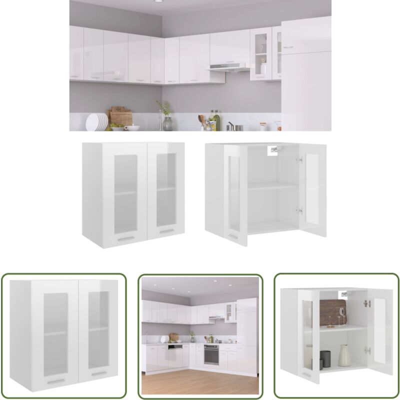 Armoire en verre suspendue Blanc brillant Bois d'ingénierie - Armoire De Cuisine - Meuble Suspendu - Rangement Cuisine - Armoire Vitrée - Blanc