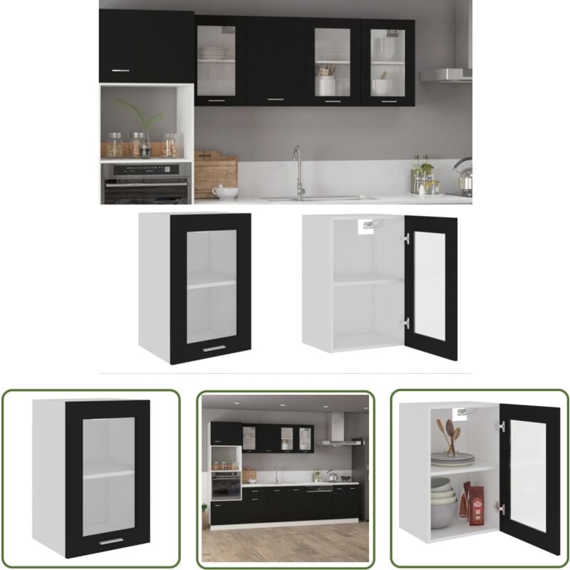 The Living Store - Armoire en verre suspendue Noir 40x31x60 cm Bois d'ingénierie - Armoire Suspendu - Meuble De Cuisine - Rangement Cuisine - Armoire