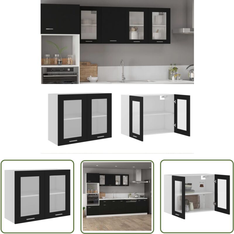The Living Store Armoire en verre suspendue Noir 80x31x60 cm Bois d'ingénierie - Armoire Suspendu - Meuble De Cuisine - Rangement Cuisine - Armoire