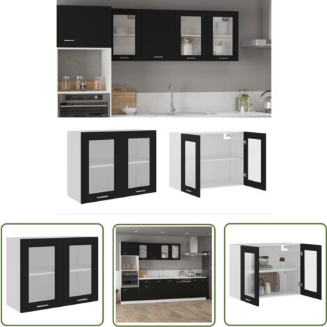 The Living Store Armoire en verre suspendue Noir 80x31x60 cm Bois d'ingénierie - Armoire Suspendu - Meuble De Cuisine - Rangement Cuisine - Armoire Verre - Armoire Noire