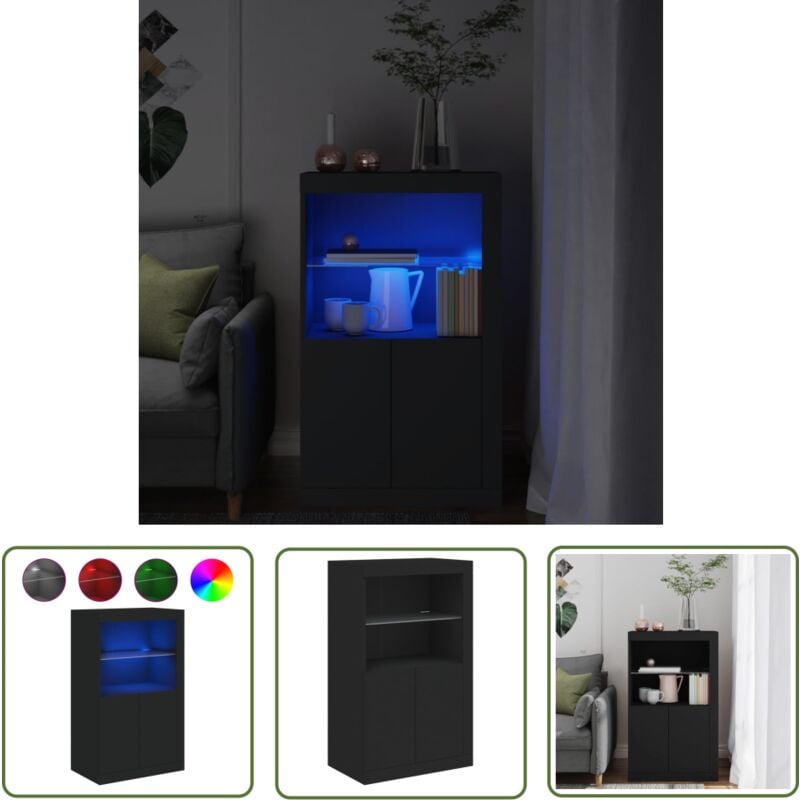 The Living Store - Armoire latérale avec lumières led noir bois d'ingénierie - Meuble De Rangement - Armoire - Armoire Moderne - Luminaire Led