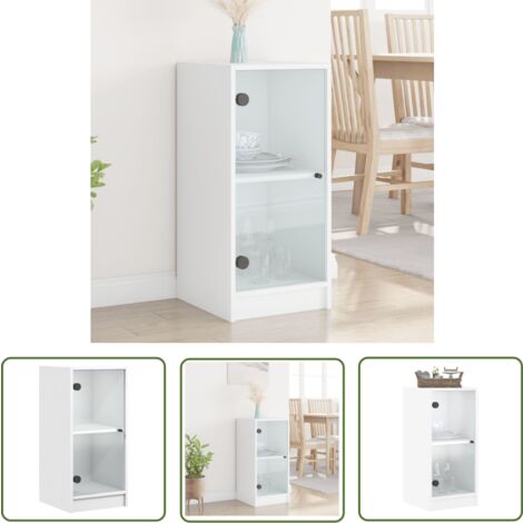The Living Store Armoire latérale avec portes en verre blanc 35x37x75,5 cm - Meuble De Rangement - Buffet - Armoire Blanche - Meuble Design - Armoire Vitrine