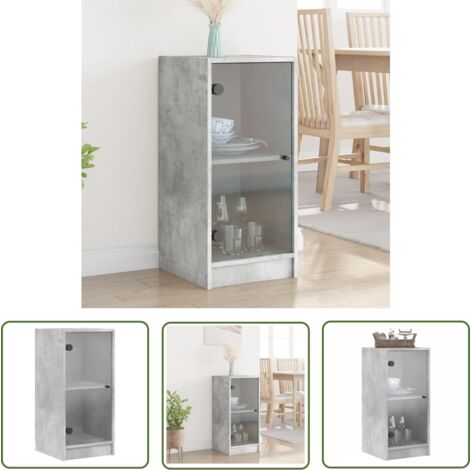The Living Store Armoire latérale avec portes en verre gris béton 35x37x75,5 cm - Meuble De Rangement - Buffet - Armoire Laterale - Meuble Design - Armoire Vitrine