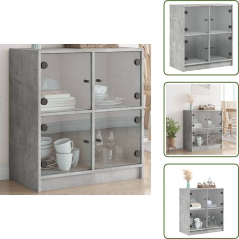 The Living Store Armoire latérale avec portes en verre gris béton 68x37x75,5 cm - Armoire Laterale - Buffet - Meuble Rangement - Mobilier Maison - Design Moderne