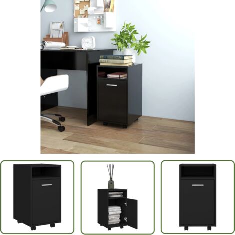 The Living Store Armoire latérale avec roues Noir 33x38x60 cm Bois d’ingénierie - Meuble De Rangement - Armoire Laterale - Meuble Design - Armoire Noire - Armoire Avec Roulettes