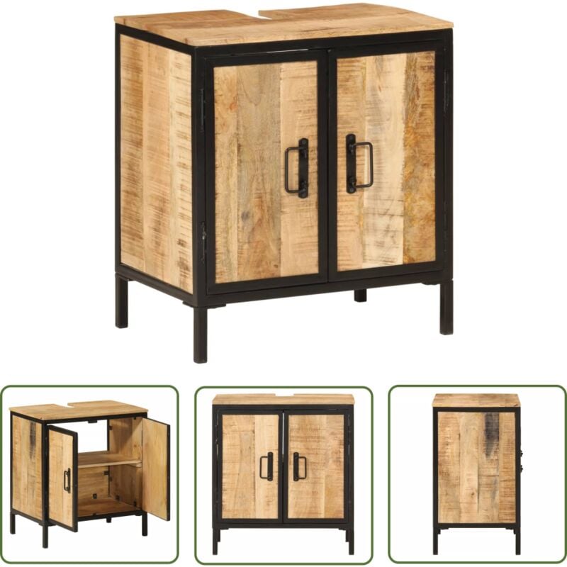 The Living Store - Armoire lavabo de salle de bain bois massif de manguier et fer - Meuble De Salle De Bain - Armoire Lavabo - Placard Lavabo