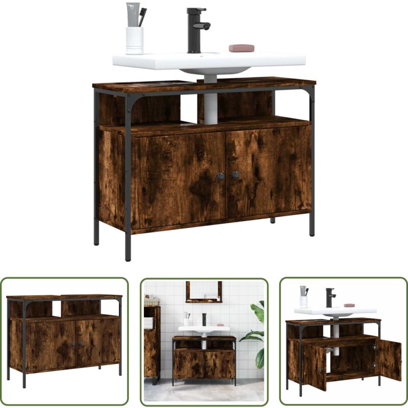 The Living Store - Armoire lavabo de salle de bain chêne fumé 80x30x60 cm - Meuble Lavabo - Armoire Salle De Bain - Placard Lavabo - Meuble Salle De