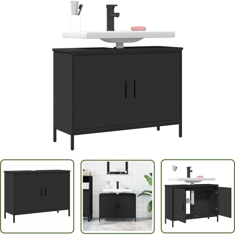 The Living Store - Armoire lavabo de salle de bain noir 80x30x60 cm - Meuble Lavabo - Armoire Salle De Bain - Rangement Salle De Bain - Meuble Vasque