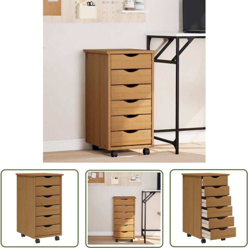 Armoire roulante avec tiroirs moss bois de pin marron miel - Meuble Roulant - Commode - Classement - Rangement - Tiroir - The Living Store