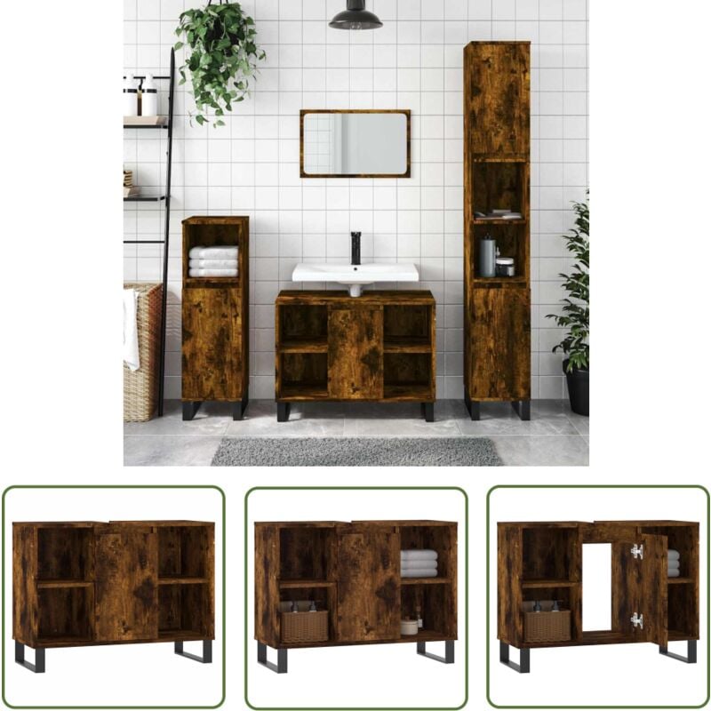 Armoire salle de bain chêne fumé 80x33x60cm bois d'ingénierie - Meuble De Salle De Bain - Armoire De Salle De Bain - Rangement Salle De Bain