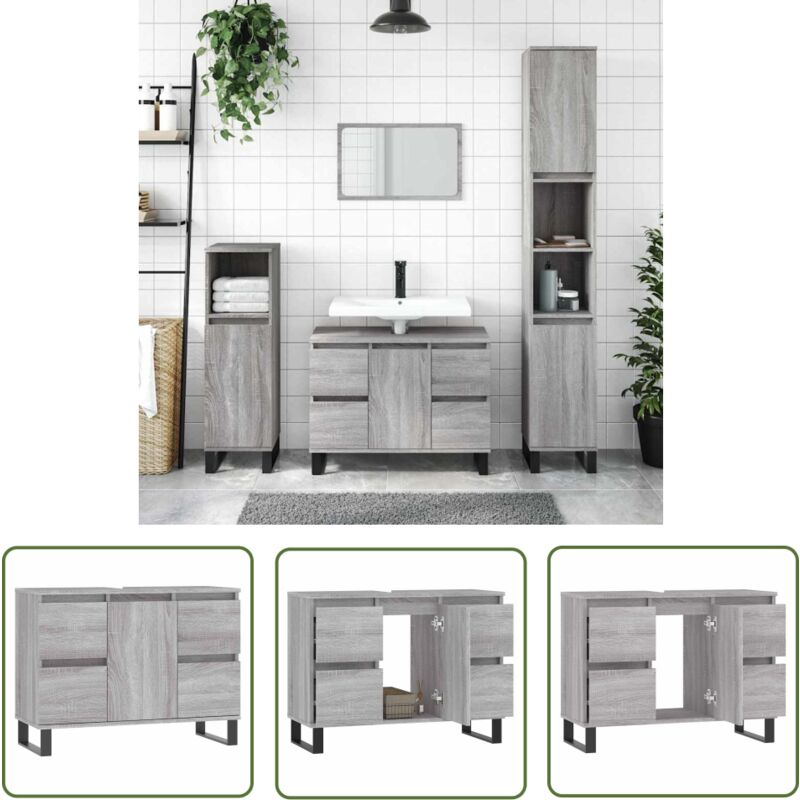 The Living Store Armoire salle de bain sonoma gris 80x33x60 cm bois d'ingénierie - Meuble De Salle De Bain - Armoire Salle De Bain - Rangement Salle