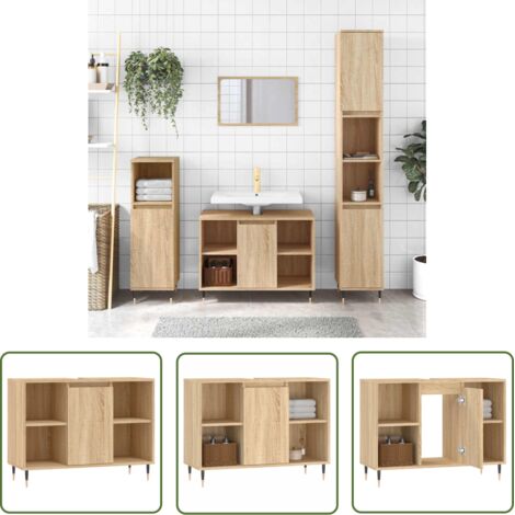 The Living Store Armoire salle de bain chêne sonoma 80x33x60cm bois d'ingénierie - Meuble De Salle De Bain - Armoire De Salle De Bain - Rangement Salle De Bain - Commode Salle De Bain - Design Industr