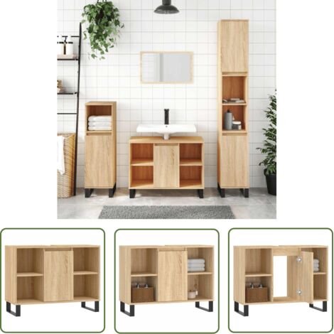 The Living Store Armoire salle de bain chêne sonoma 80x33x60cm bois d'ingénierie - Meuble De Salle De Bain - Armoire Salle De Bain - Rangement Salle De Bain - Commode Salle De Bain - Design Industriel