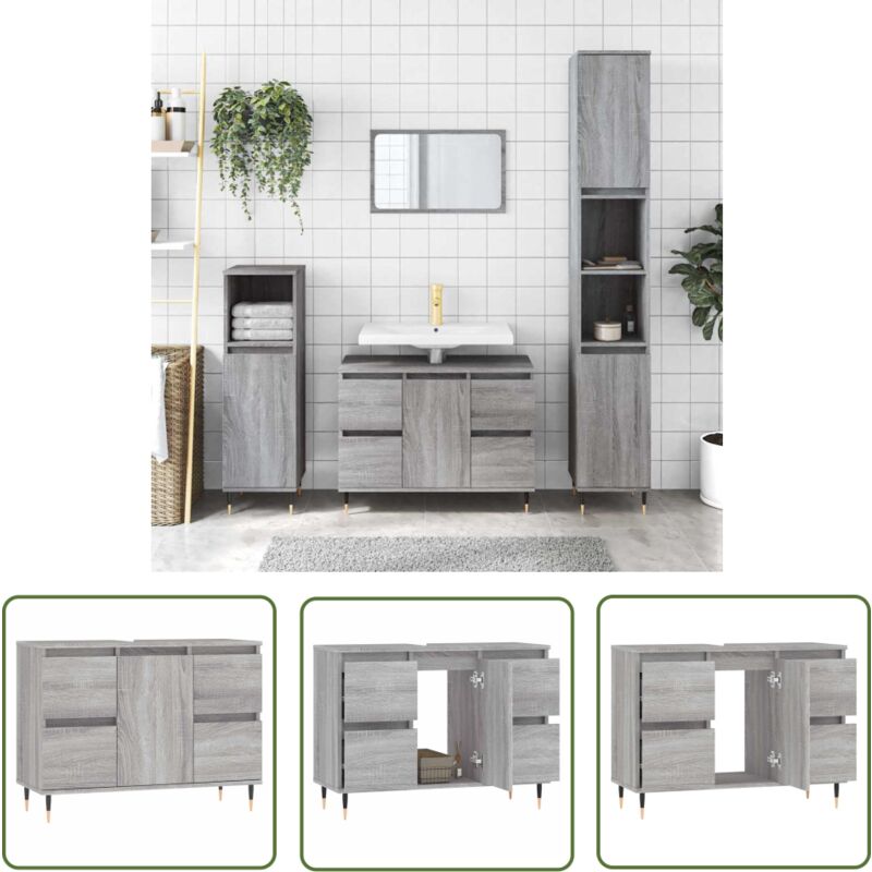 The Living Store - Armoire salle de bain sonoma gris 80x33x60 cm bois d'ingénierie - Meuble Salle De Bain - Armoire Salle De Bain - Rangement Salle