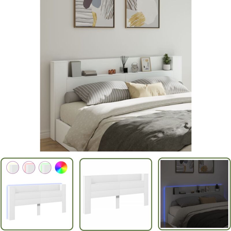 The Living Store - Armoire tête de lit avec led blanc 220x16,5x103,5 cm - Tête De Lit Led - Meuble De Chambre - Éclairage Led - Rangement Tiroir